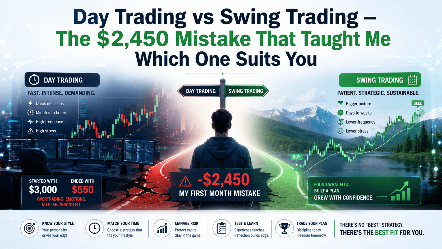 Day Trading vs Swing Trading — The $2,450 Mistake That Taught Me Which One Suits You