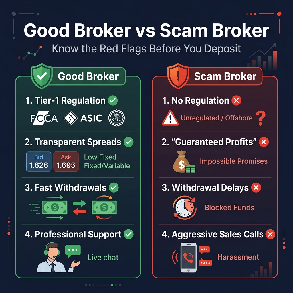 Good broker vs scam broker comparison — key warning signs to watch for