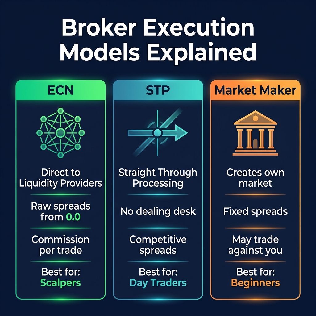 ECN vs STP vs Market Maker — the three broker execution models compared