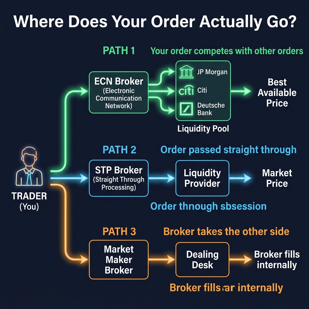 Order flow diagram — how your trade reaches the market through different broker types