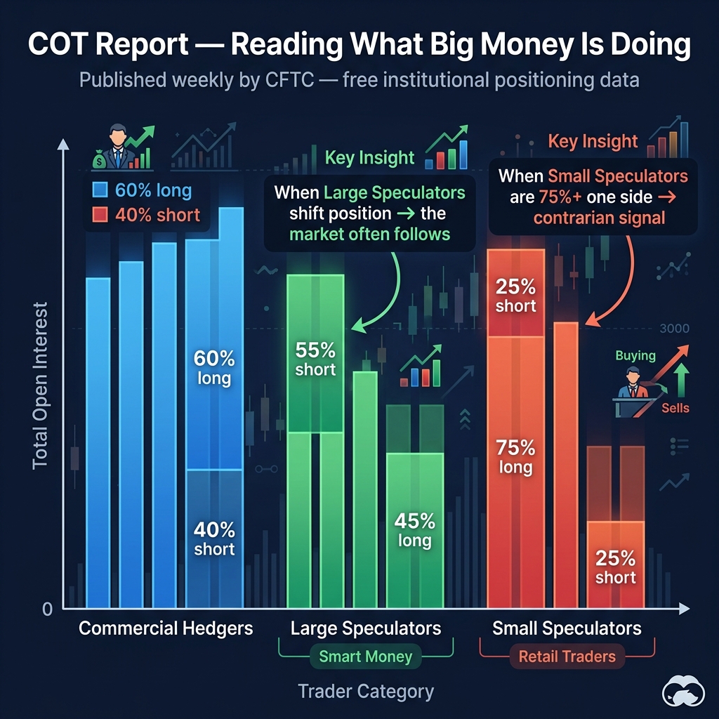 COT Report visualization — how commercial hedgers, large speculators, and retail traders are positioned