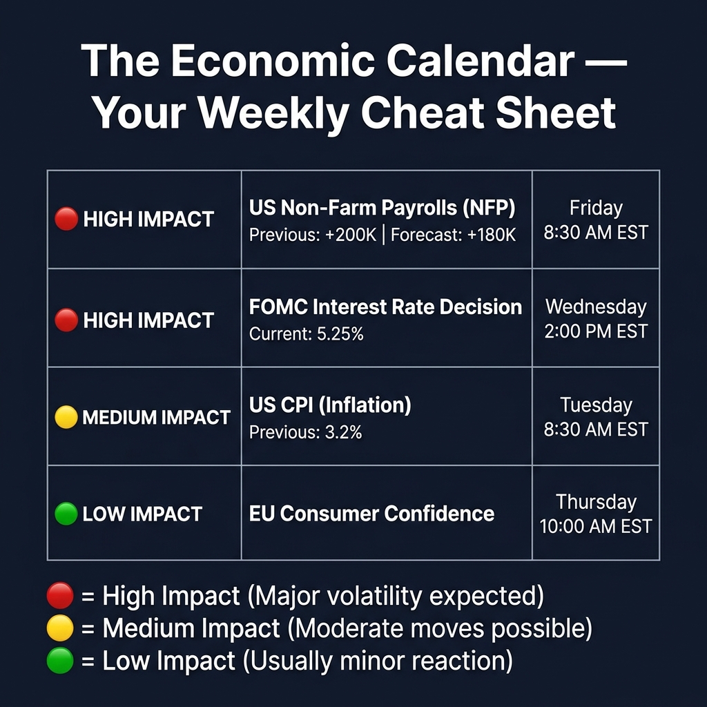 The economic calendar — high, medium, and low impact events that move forex markets