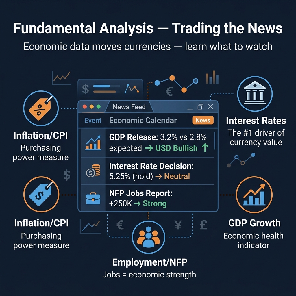 Fundamental analysis — economic data, interest rates, GDP, and employment driving currency values