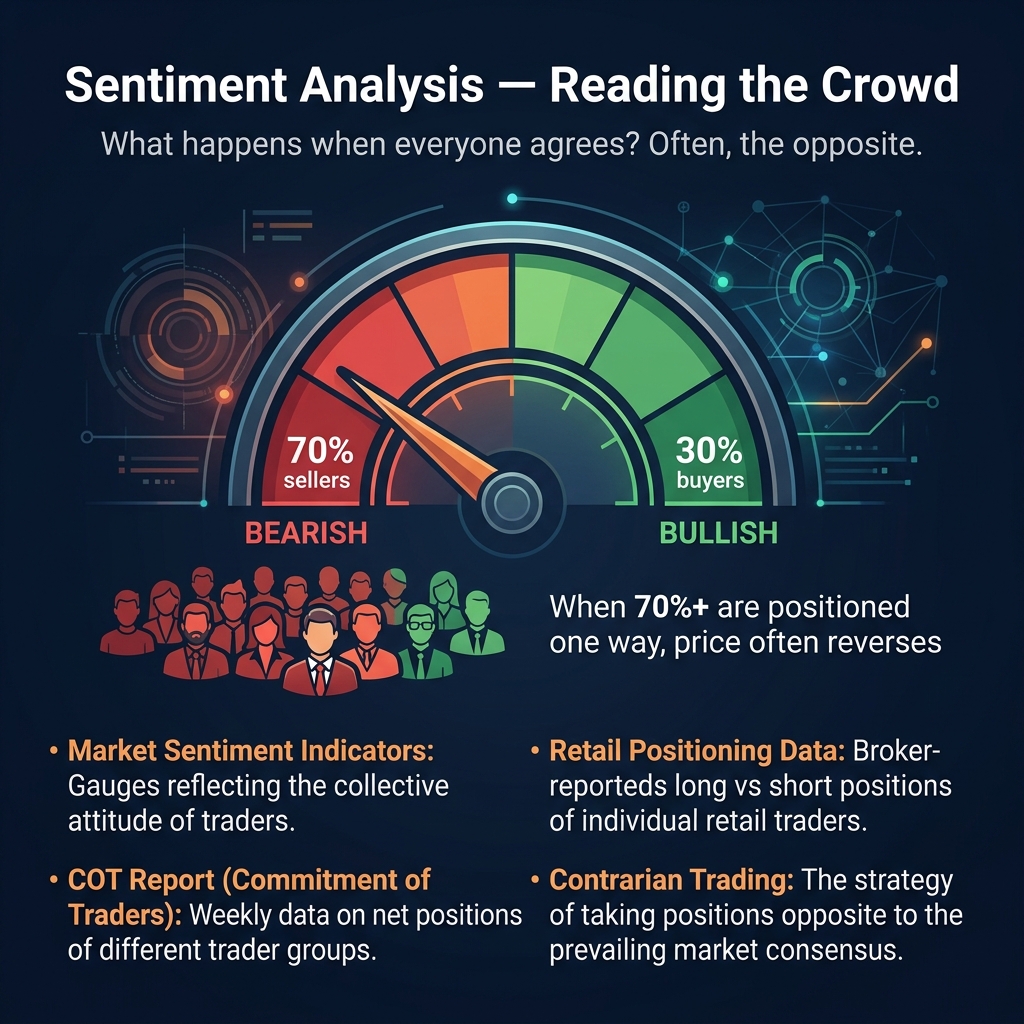 Market sentiment gauge — when the majority positions one way, the market often reverses