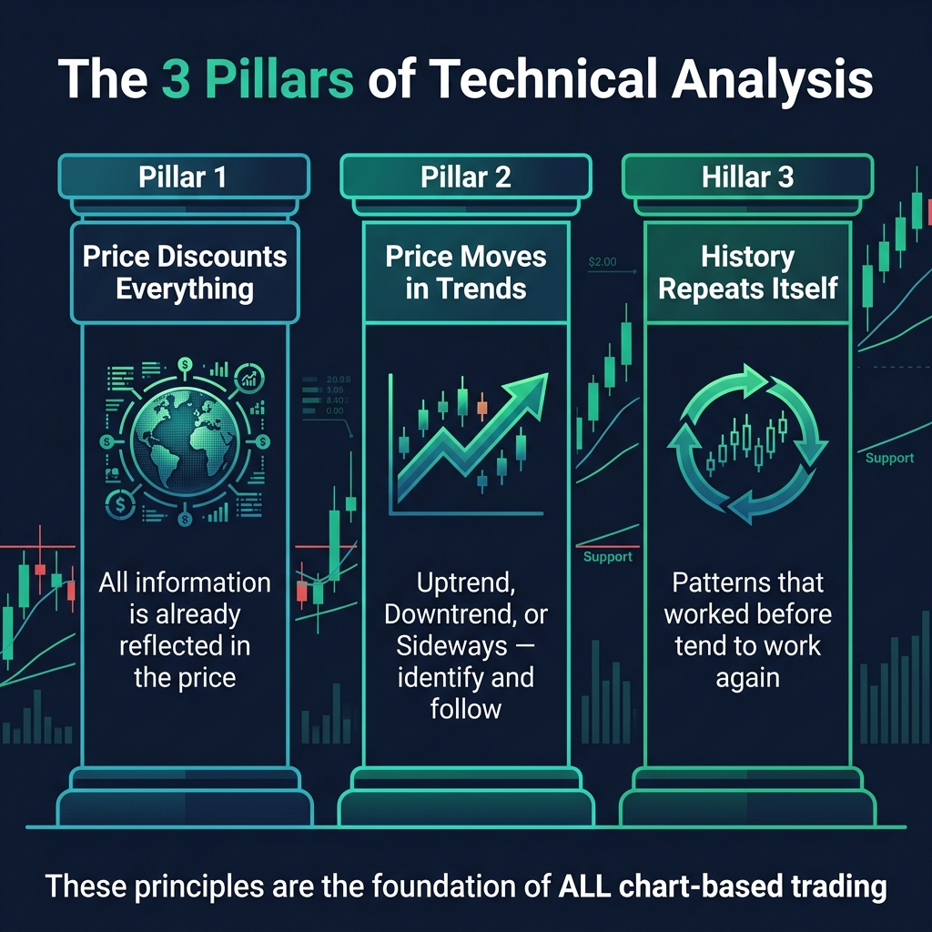 The three pillars of technical analysis — price discounts everything, trends, and history repeating