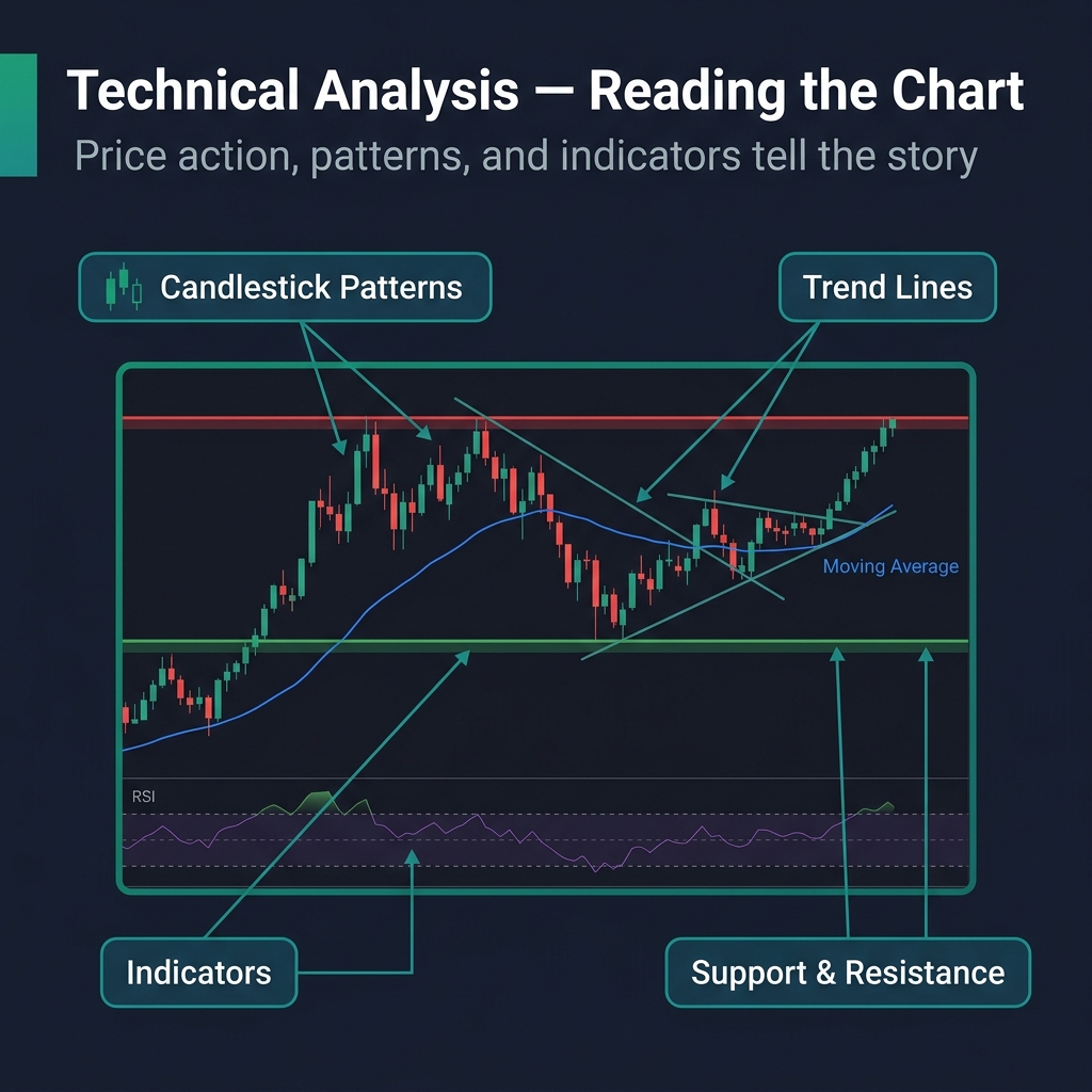 Technical analysis in action — candlestick patterns, trend lines, indicators, and support/resistance levels
