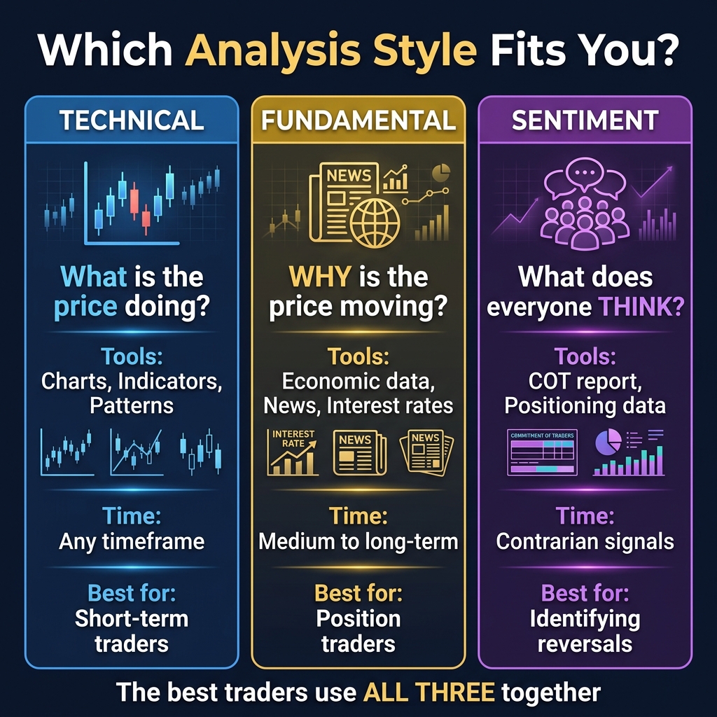 The three types of forex analysis compared — technical, fundamental, and sentiment