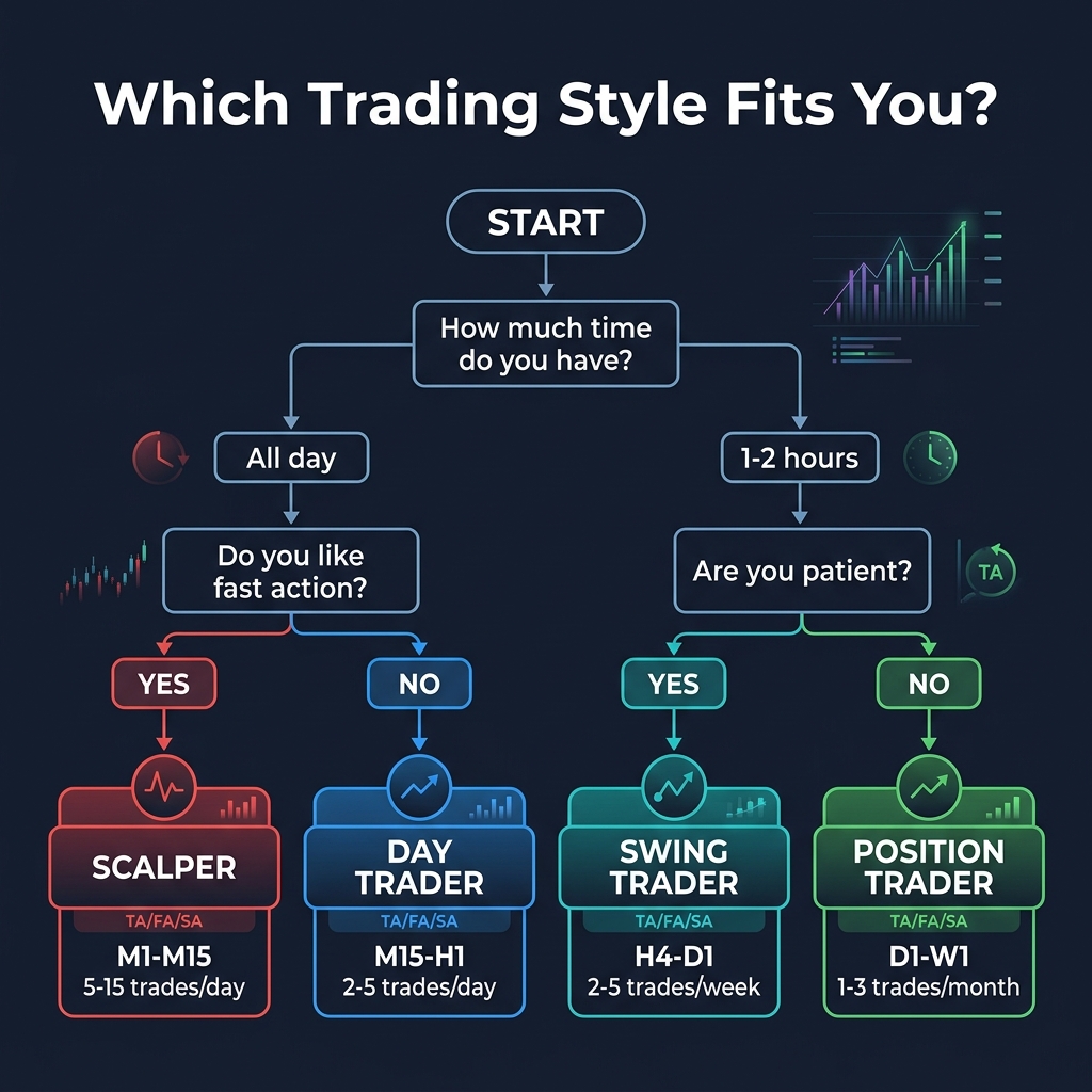 Trading style flowchart — find your ideal style based on time, patience, and personality