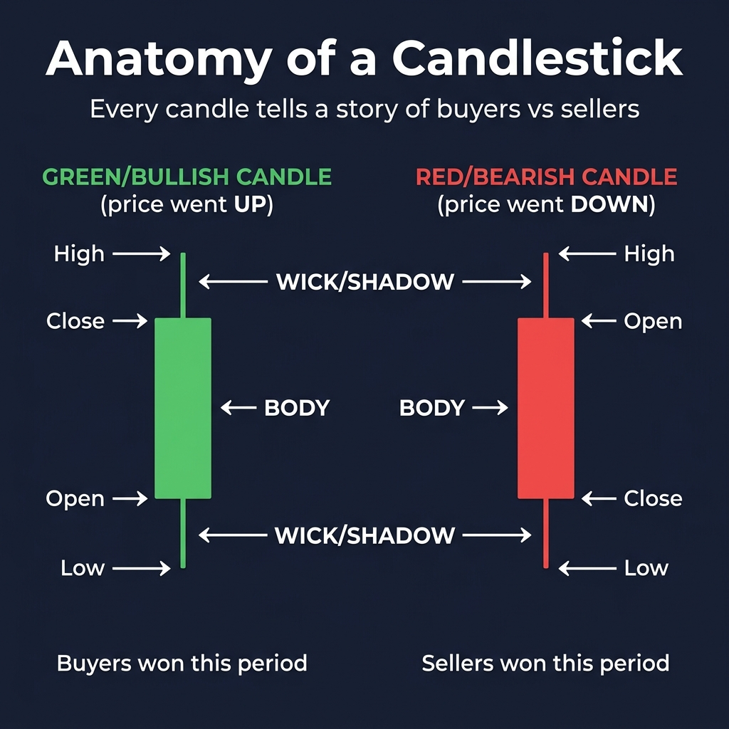 Anatomy of bullish and bearish candlesticks — body, wick, open, close, high, and low labeled