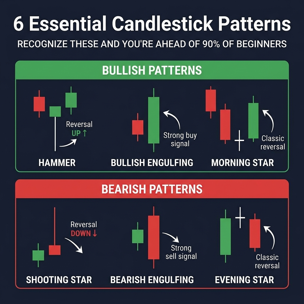 Six essential candlestick patterns — bullish and bearish reversal signals every trader must know