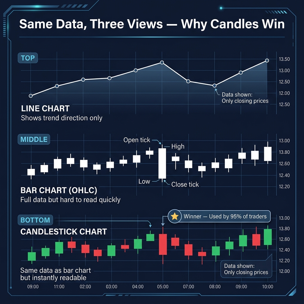 Detailed comparison of line, bar, and candlestick charts — same data rendered three ways