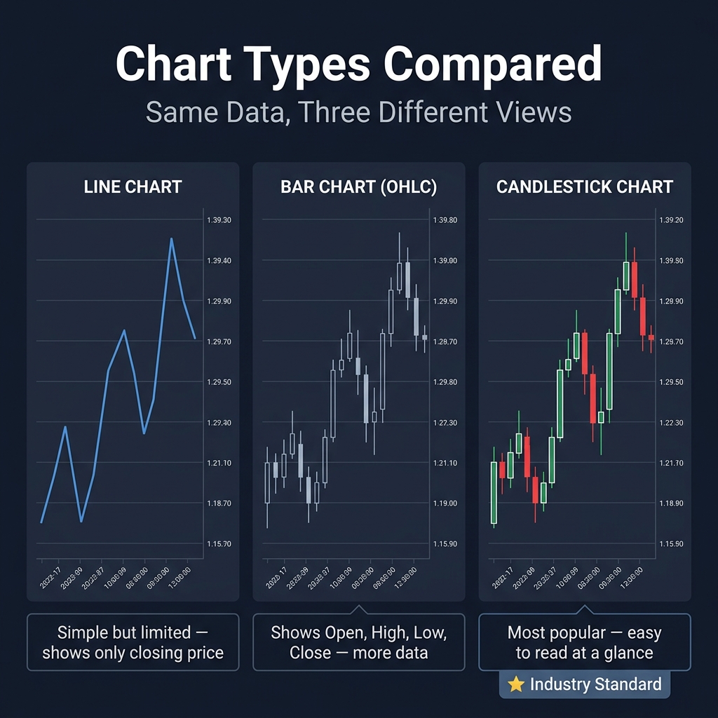 Three forex chart types compared — line, bar, and candlestick showing the same price data