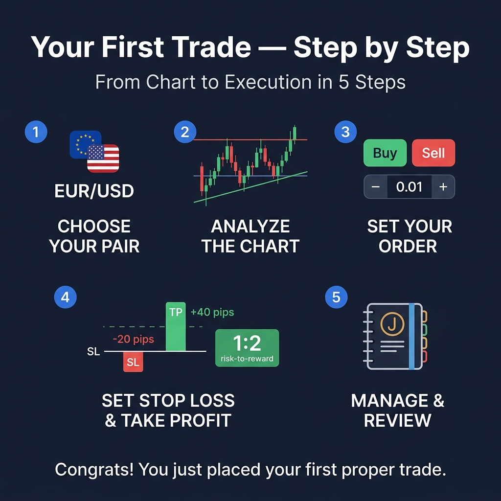Your first trade walkthrough — from chart analysis to order execution in 5 steps