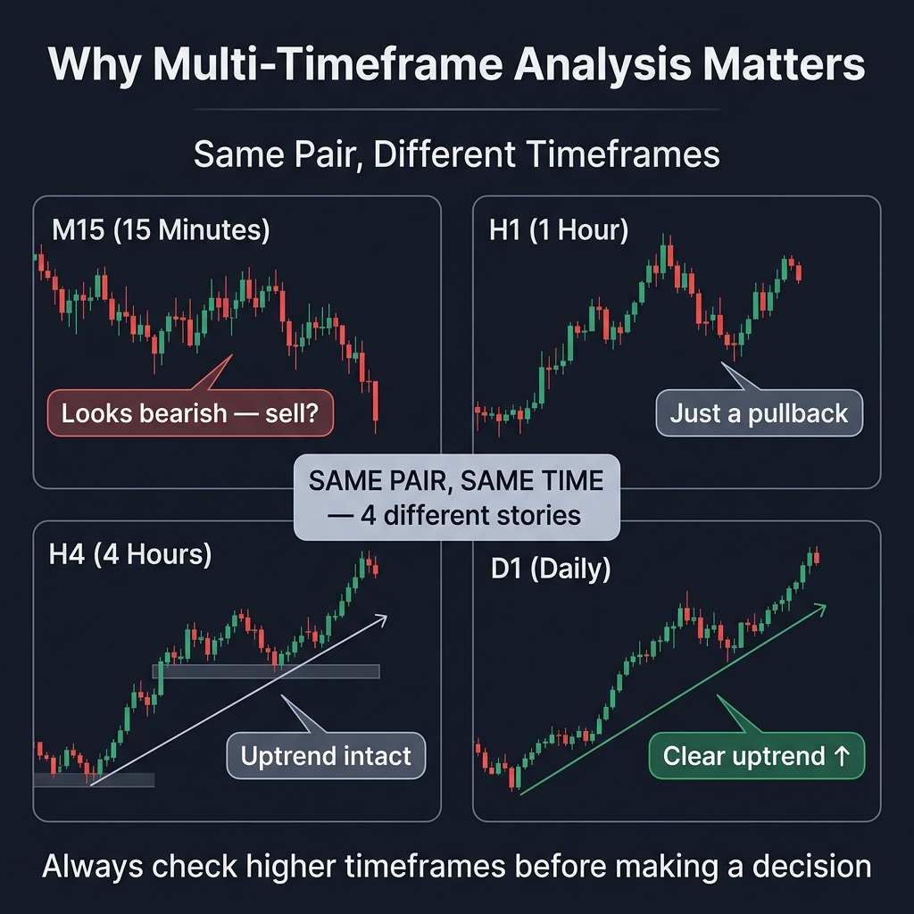 Same pair on 4 different timeframes — showing why multi-timeframe analysis is essential