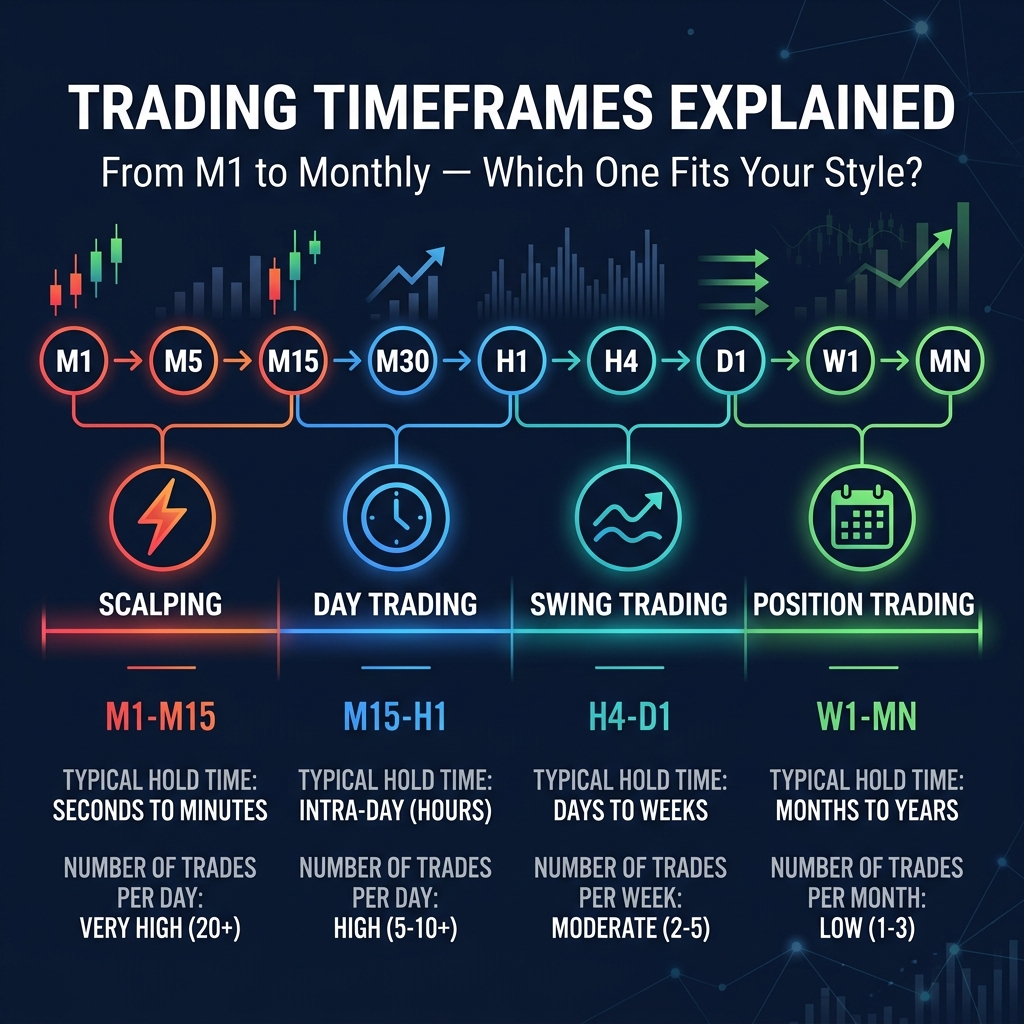Trading timeframes from M1 to Monthly — each suited to a different trading style