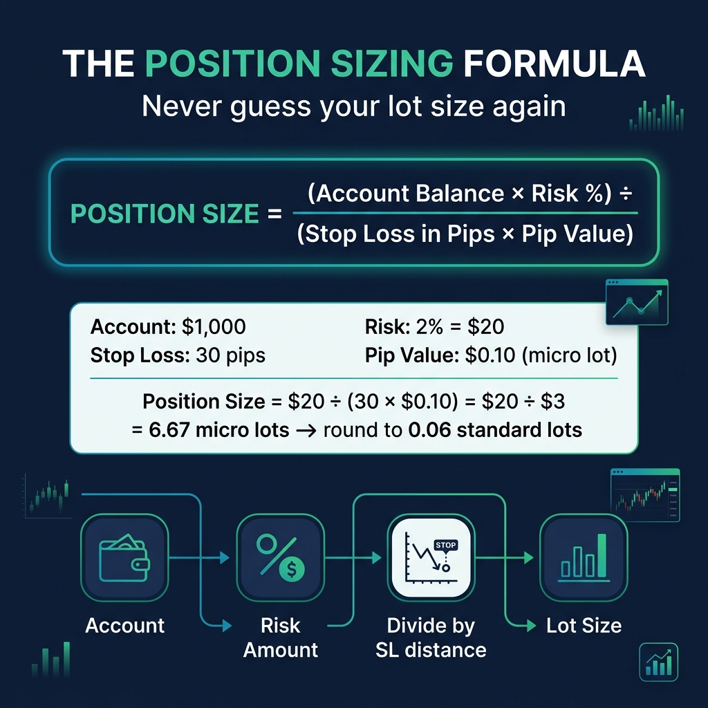 The position sizing formula — calculate your exact lot size based on account, risk, and stop loss