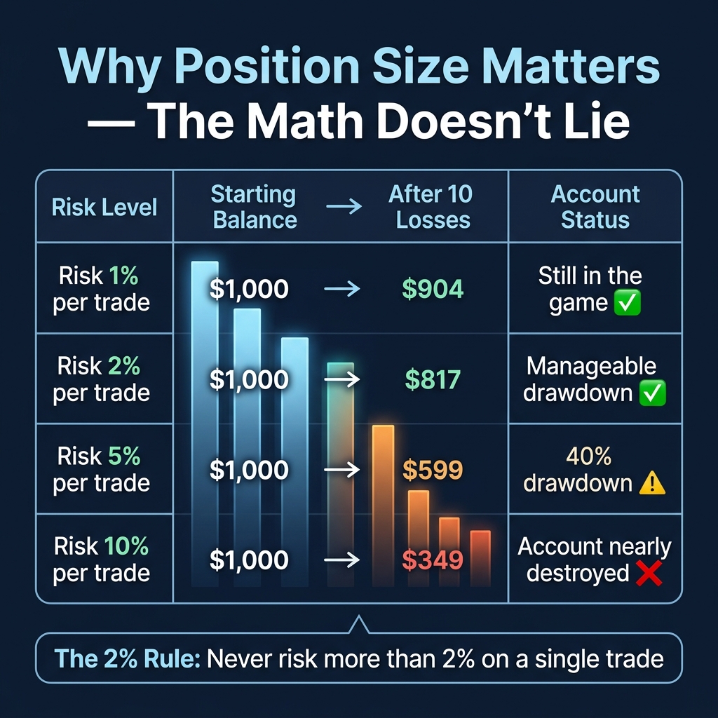 Impact of different risk percentages after 10 consecutive losses — from 1% to 10% risk