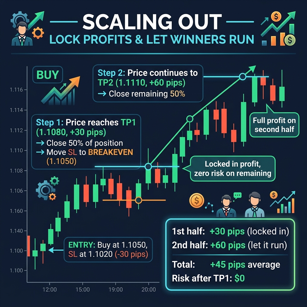 Scaling out of a trade — close 50% at TP1, move SL to breakeven, close rest at TP2