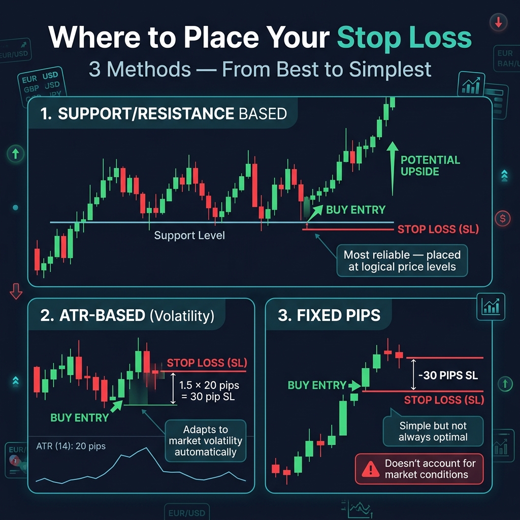 Three stop loss placement methods — support/resistance based, ATR-based, and fixed pips