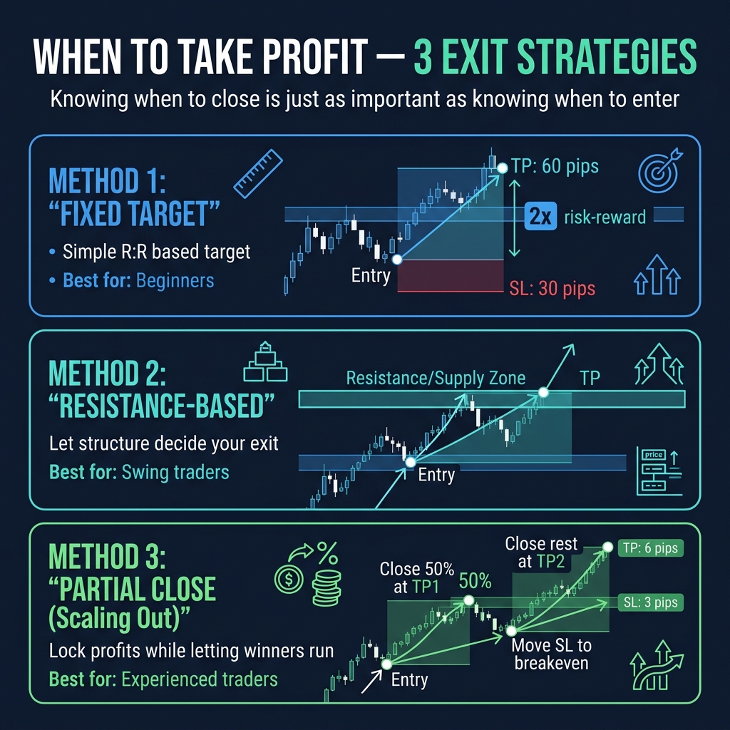 Three take profit strategies — fixed target, resistance-based, and scaling out