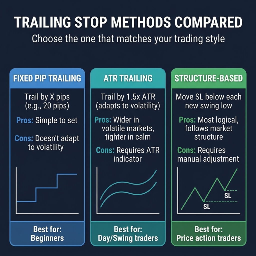Three trailing stop methods compared — fixed pip, ATR-based, and structure-based