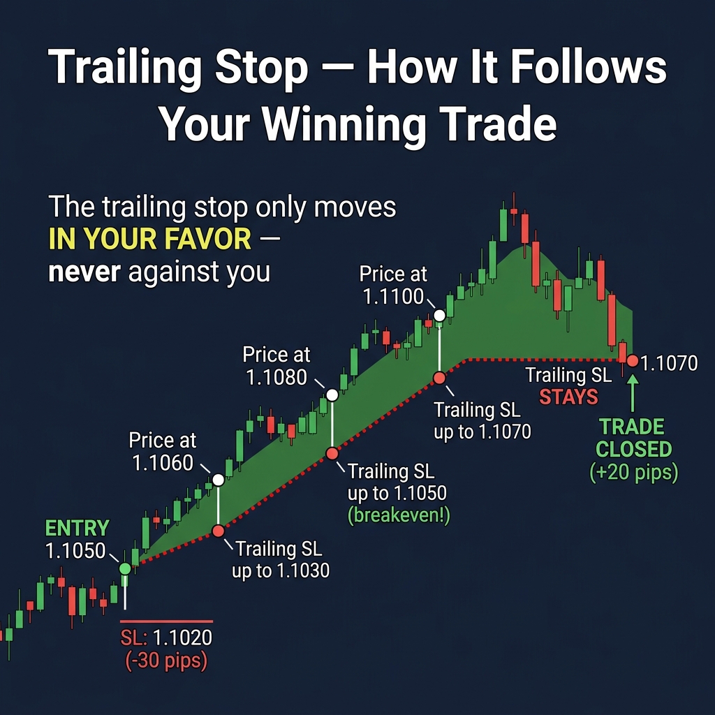 How a trailing stop follows price in your favor — locking in profit as the trade moves