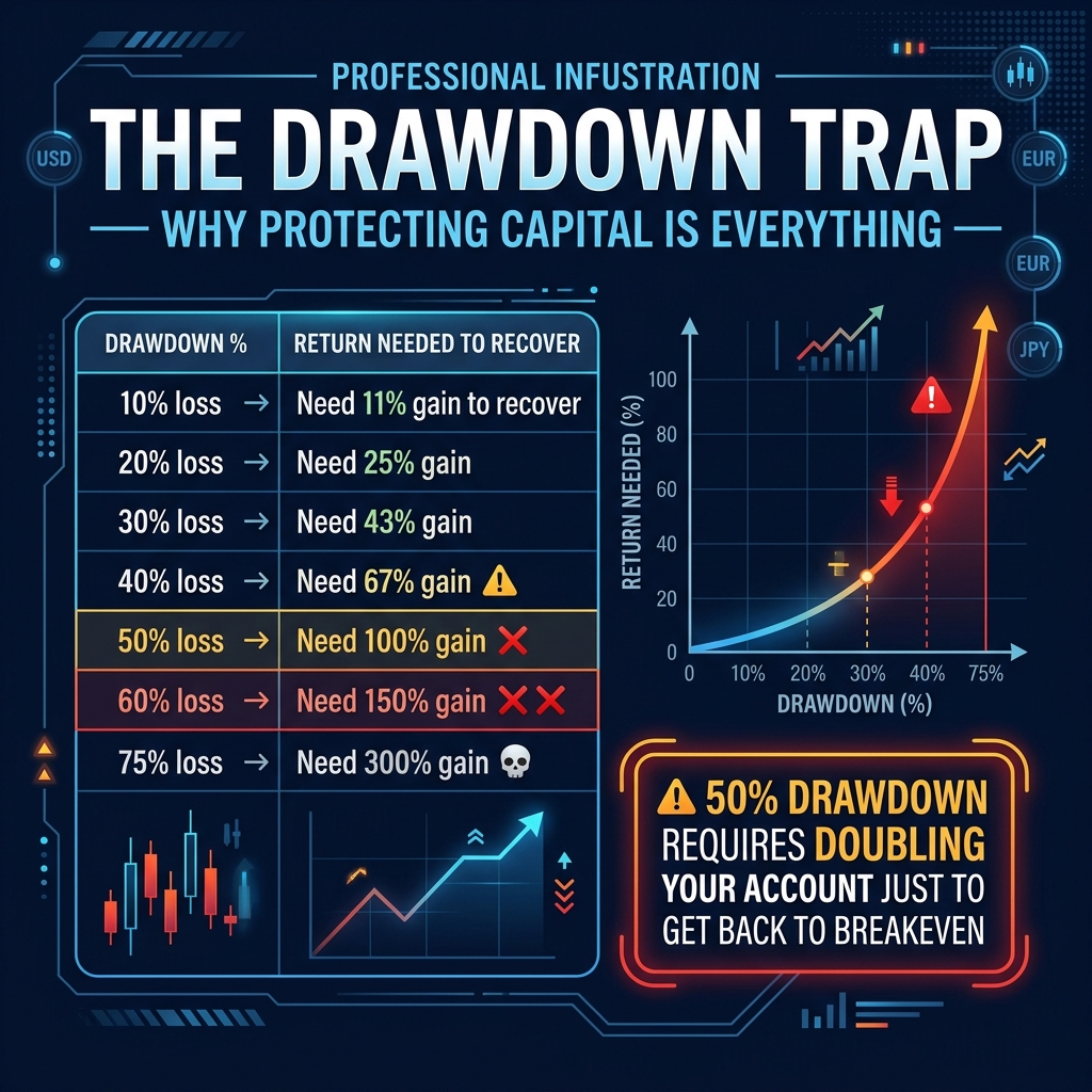 The asymmetric drawdown recovery curve — recovery gets exponentially harder