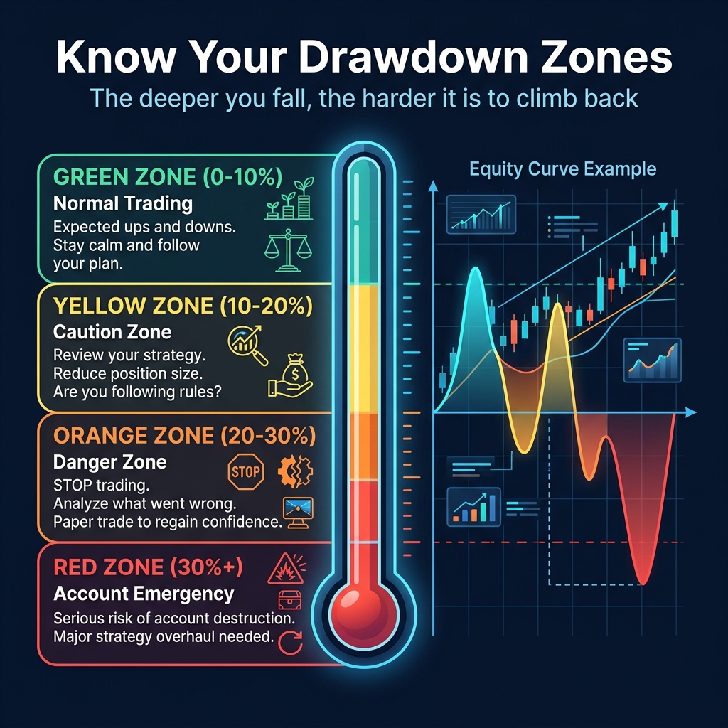 Four drawdown danger zones — from normal to account emergency