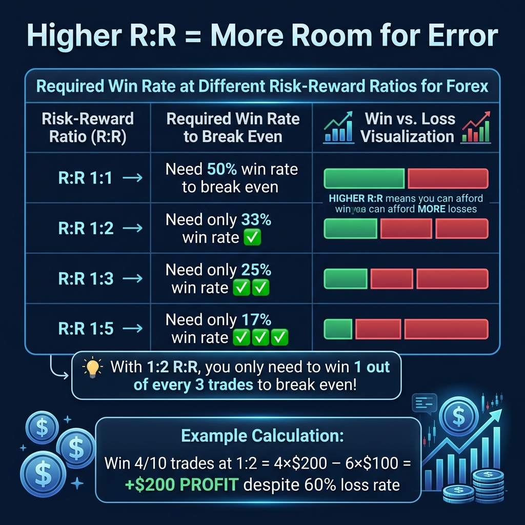 Required win rate at different R:R ratios — higher ratios need fewer wins