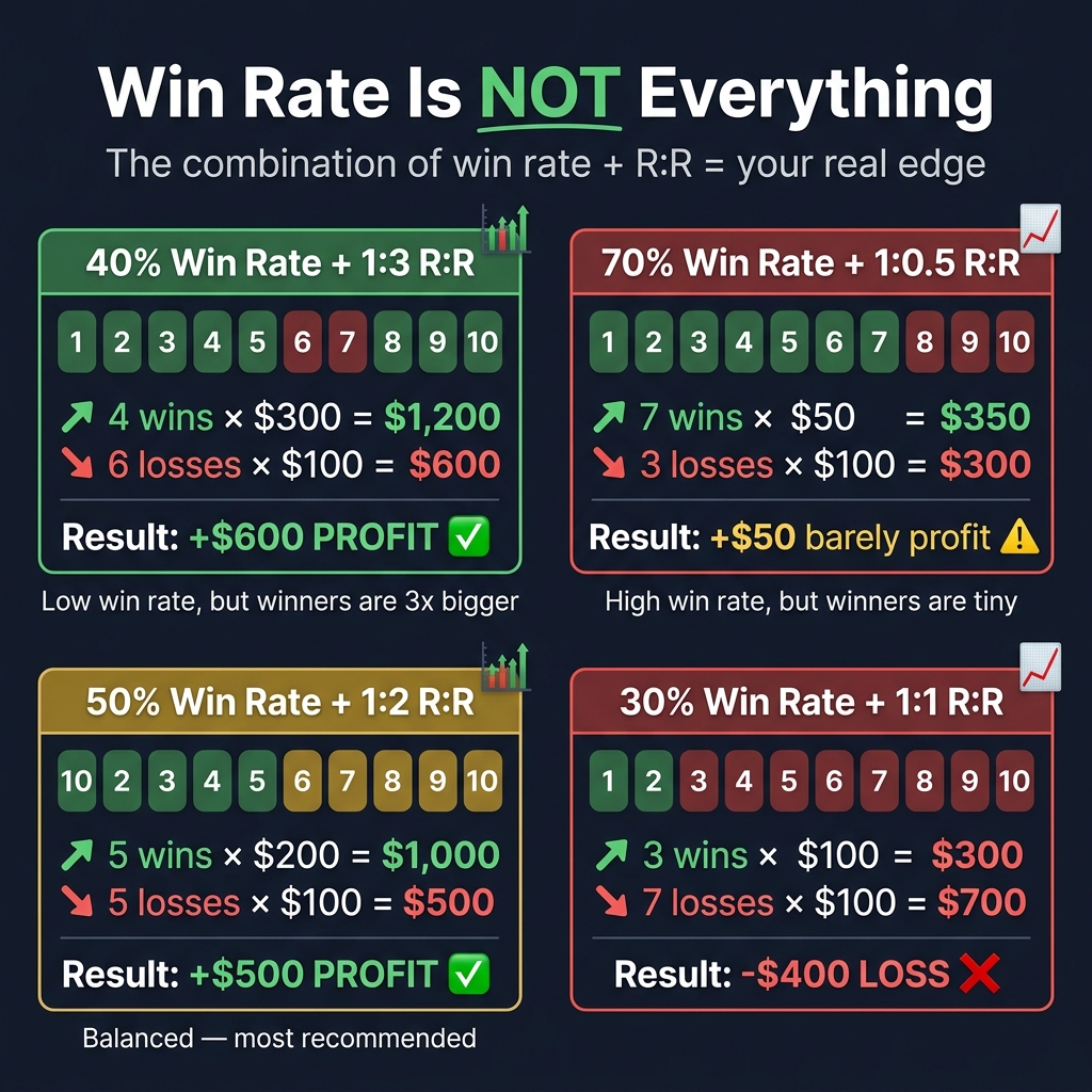 Four scenarios showing how win rate and R:R ratio interact to determine profitability
