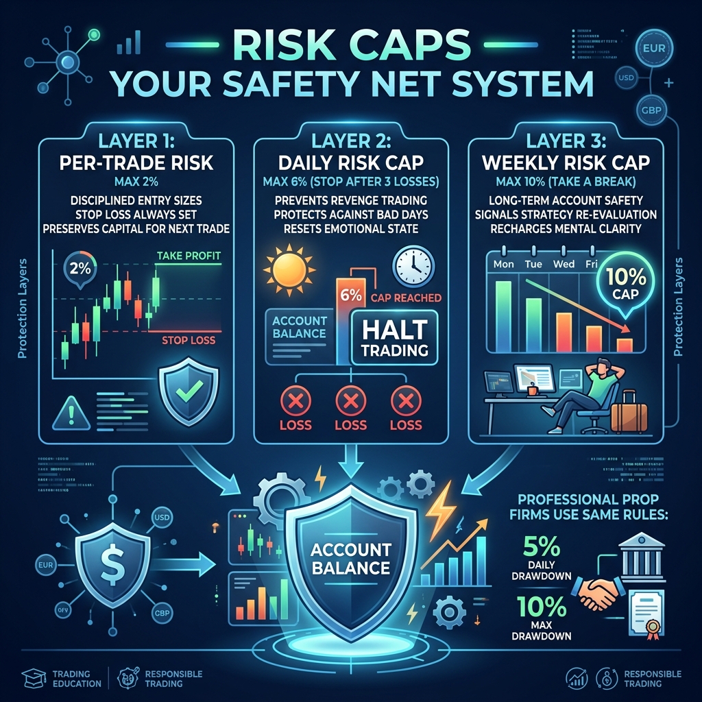 Three layers of risk protection — per-trade, daily cap, and weekly cap