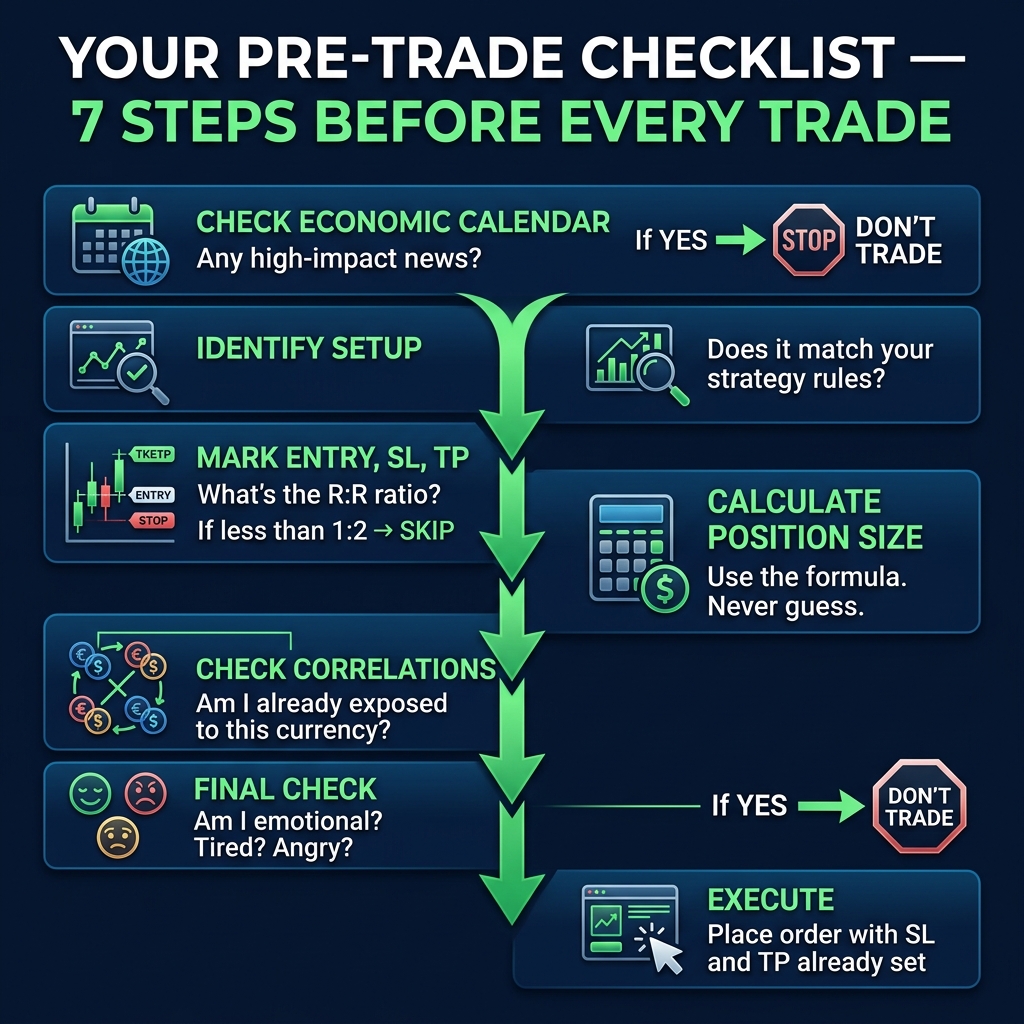 7-step pre-trade checklist — run through this before every single trade