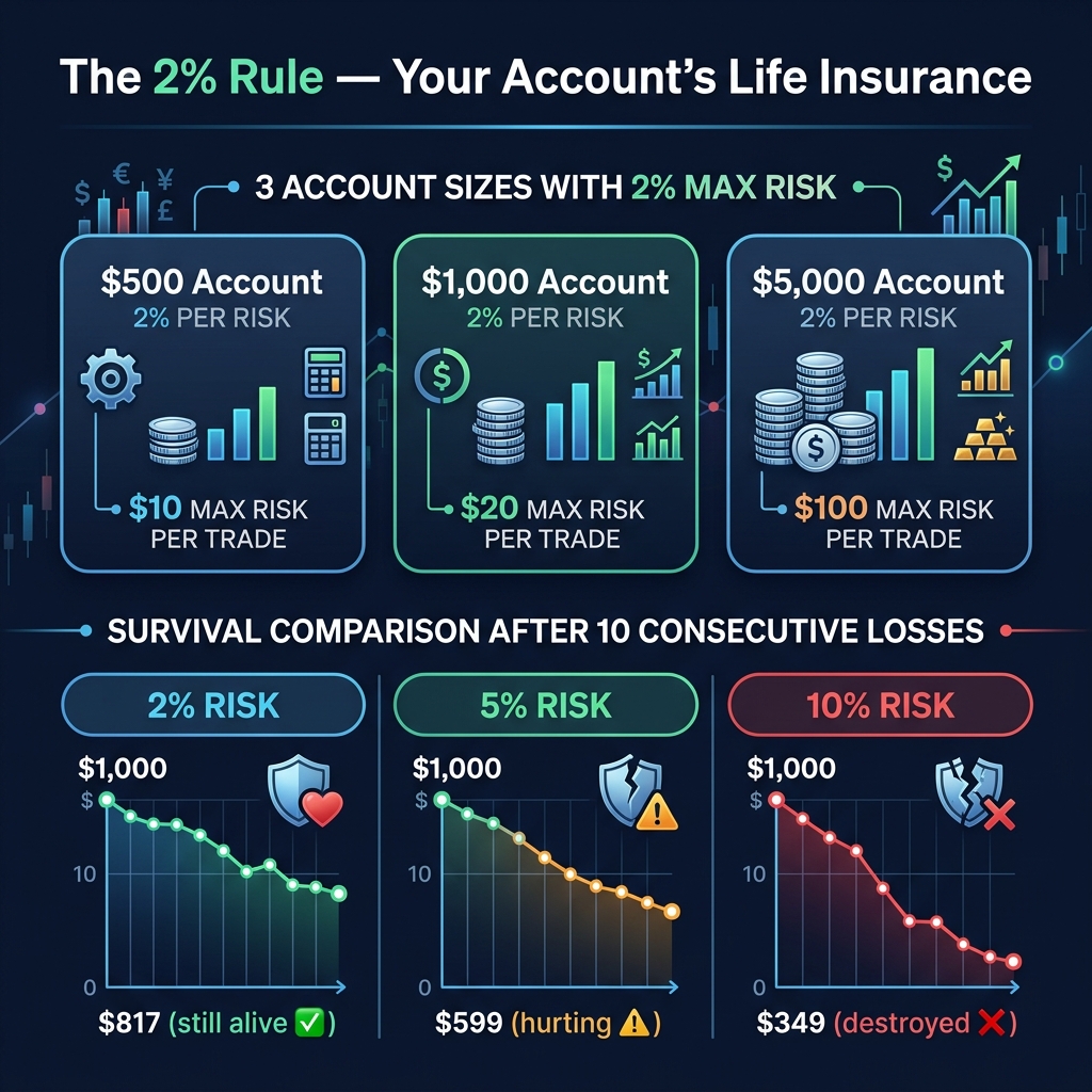 The 2% rule applied to different account sizes — survival math at different risk levels