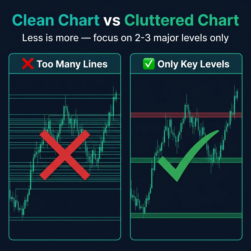 Clean chart vs cluttered chart — why fewer S&R levels lead to better trading decisions