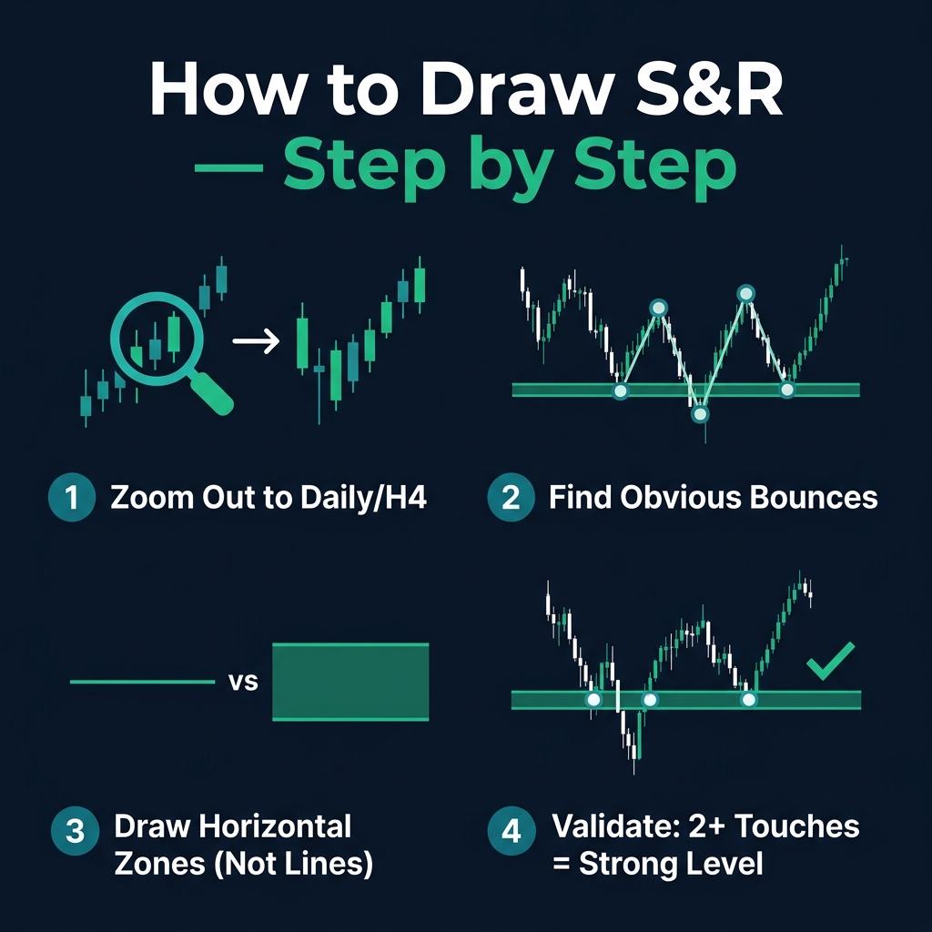 How to draw support and resistance — 4 clear steps from zooming out to validation