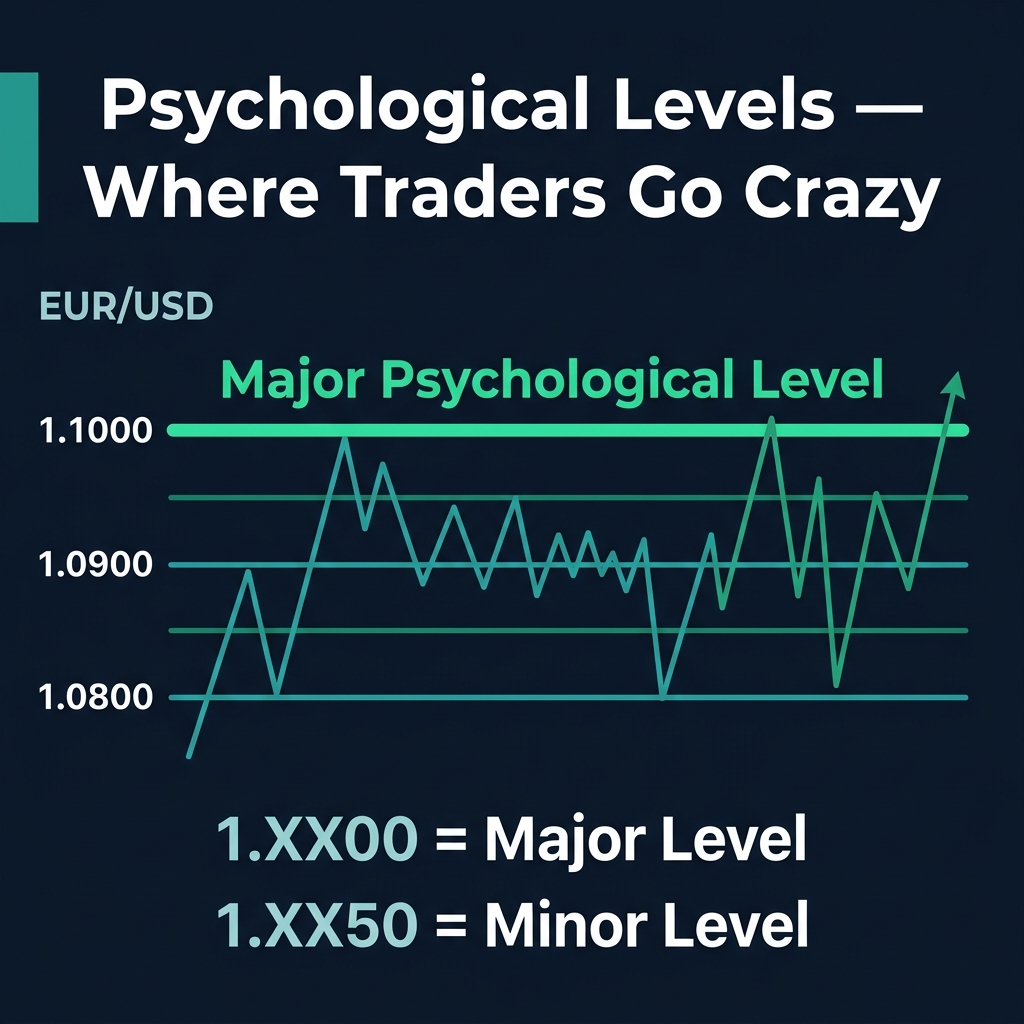Psychological levels in forex — price reacting at round numbers like 1.0800, 1.0900, and 1.1000
