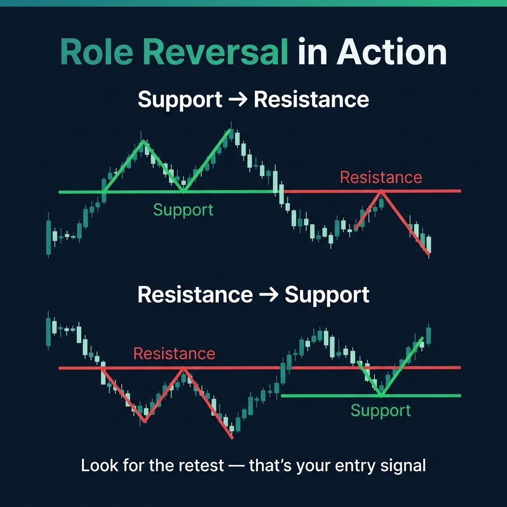 Role reversal in action — support becomes resistance and resistance becomes support with retest entries
