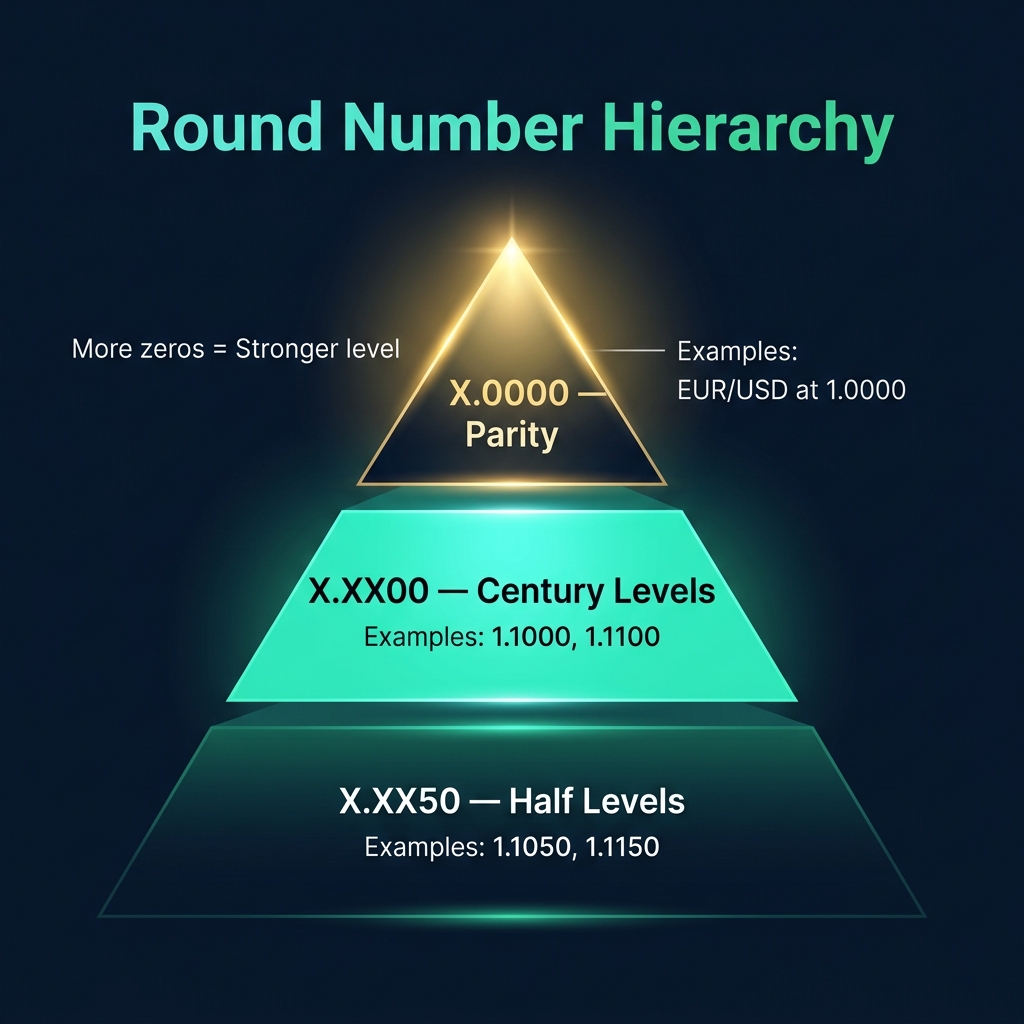 Round number hierarchy — parity levels are strongest, century levels are strong, half levels are moderate