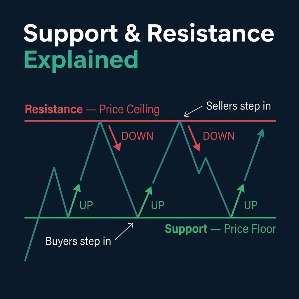 Support and Resistance explained — price floor and ceiling with buyer and seller zones