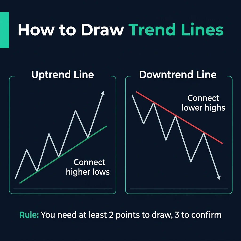 How to draw trend lines — connect higher lows in uptrends and lower highs in downtrends