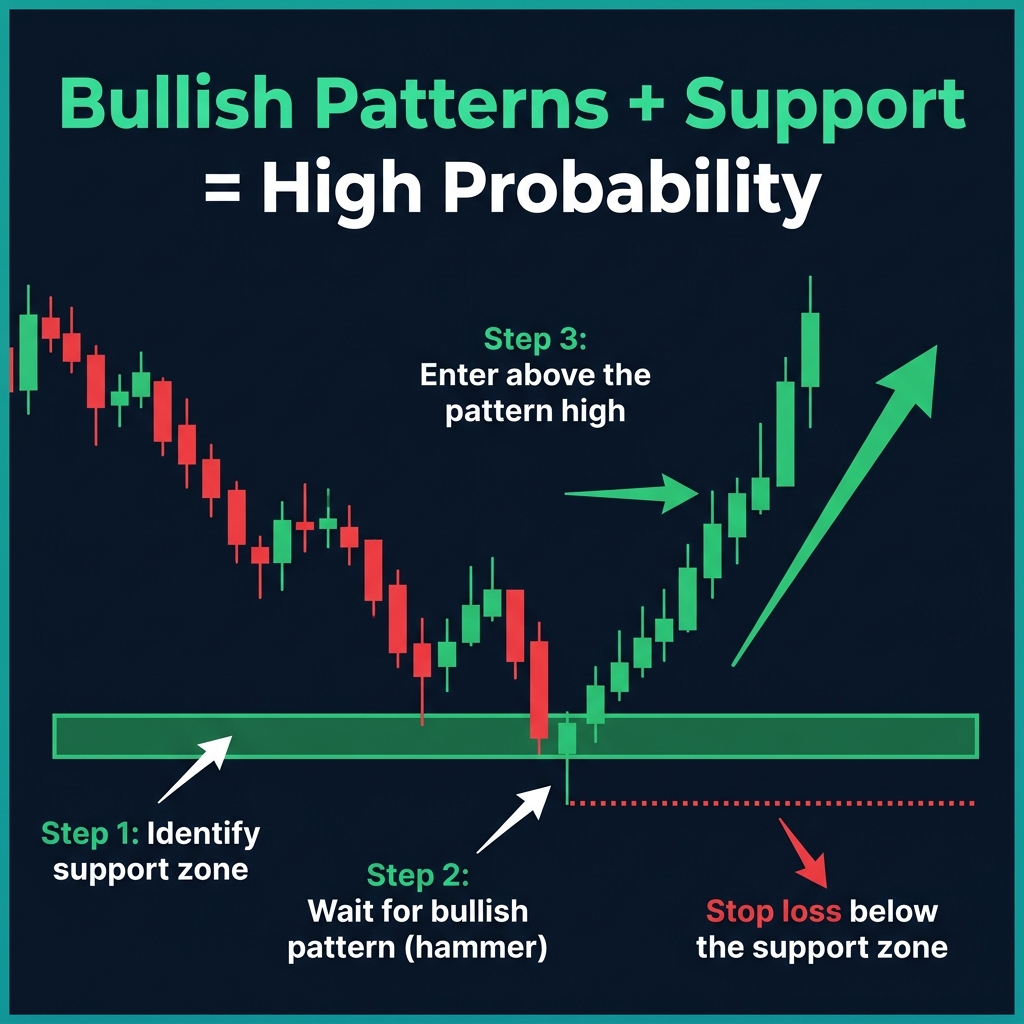 Bullish reversal pattern appearing at a support zone — high-probability entry setup