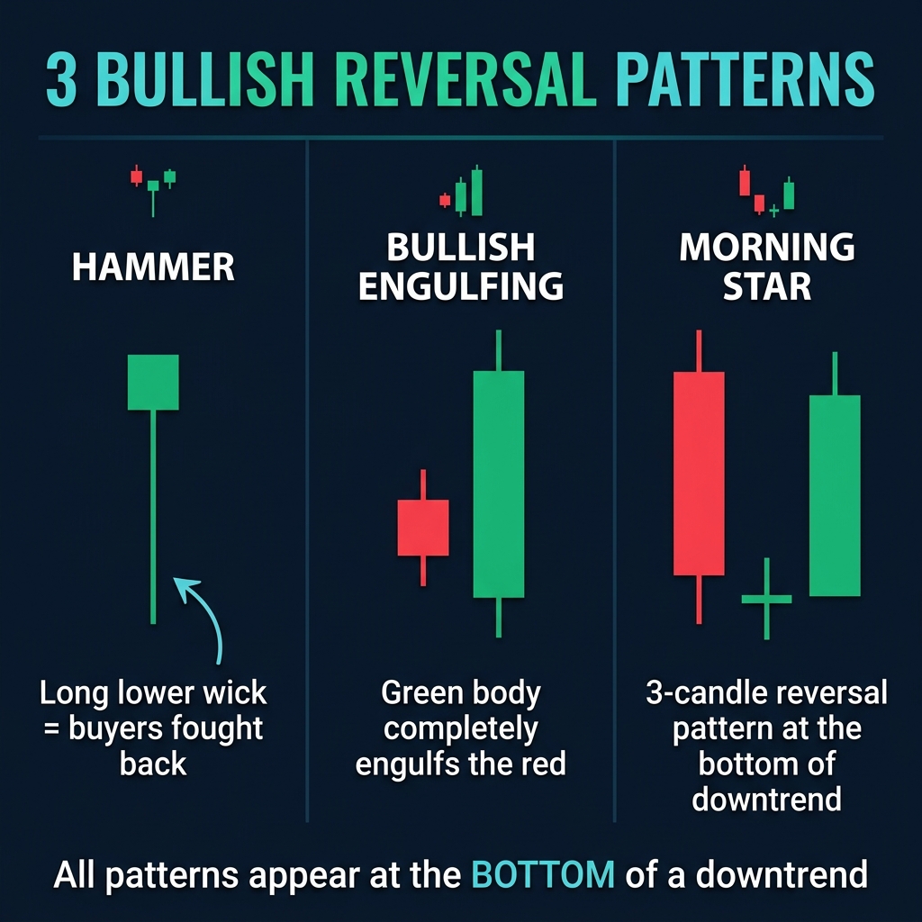 Three bullish reversal patterns — Hammer, Bullish Engulfing, and Morning Star candlestick formations
