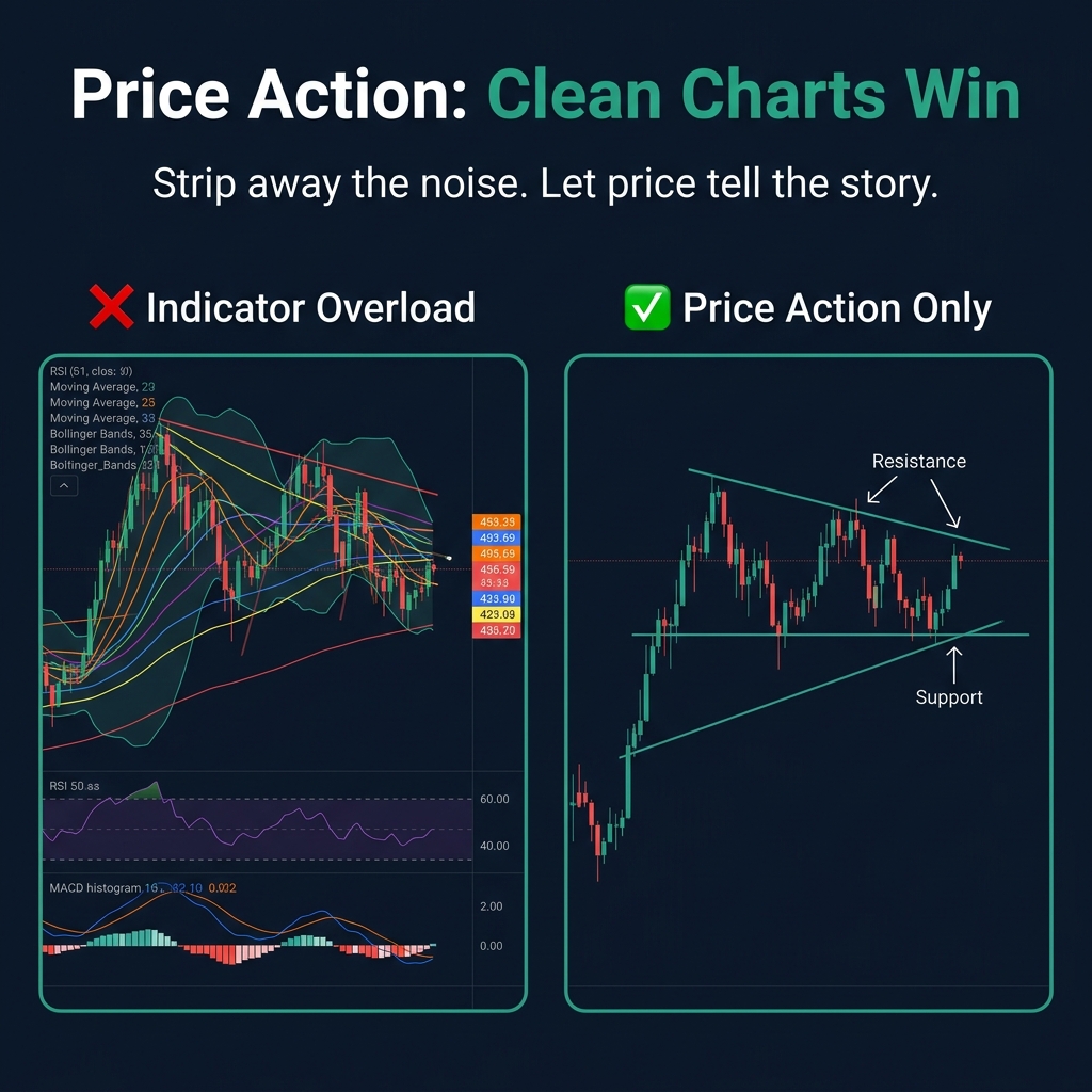 Clean price action chart vs indicator-cluttered chart — simplicity wins