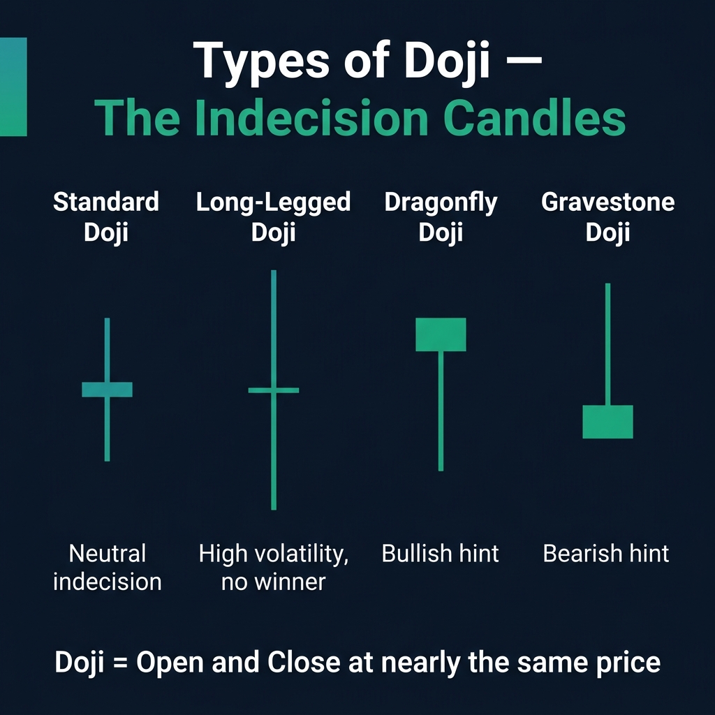 Four types of doji candles — Standard, Long-Legged, Dragonfly, and Gravestone