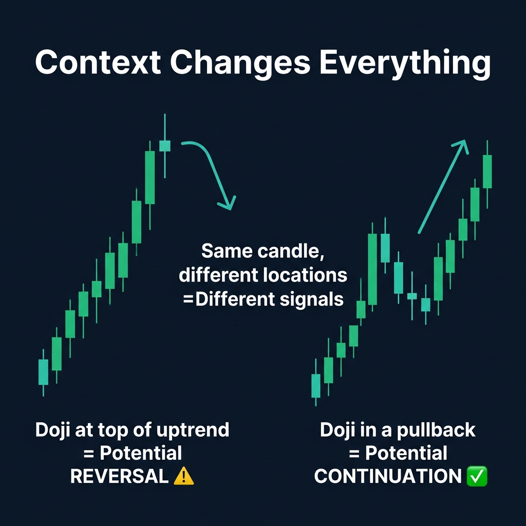 Same doji candle has different meanings depending on where it appears — reversal vs continuation