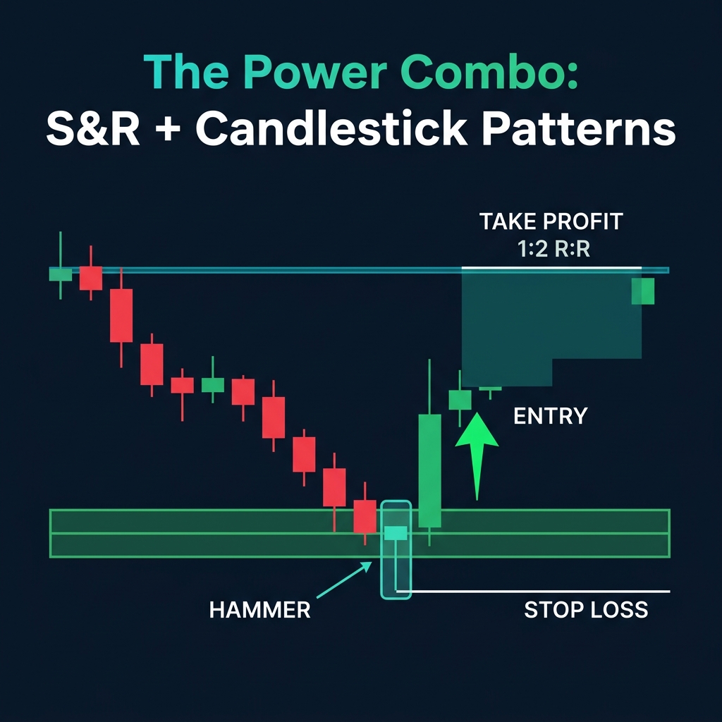 Complete trading setup combining S&R zones with candlestick patterns for entry, stop loss, and take profit
