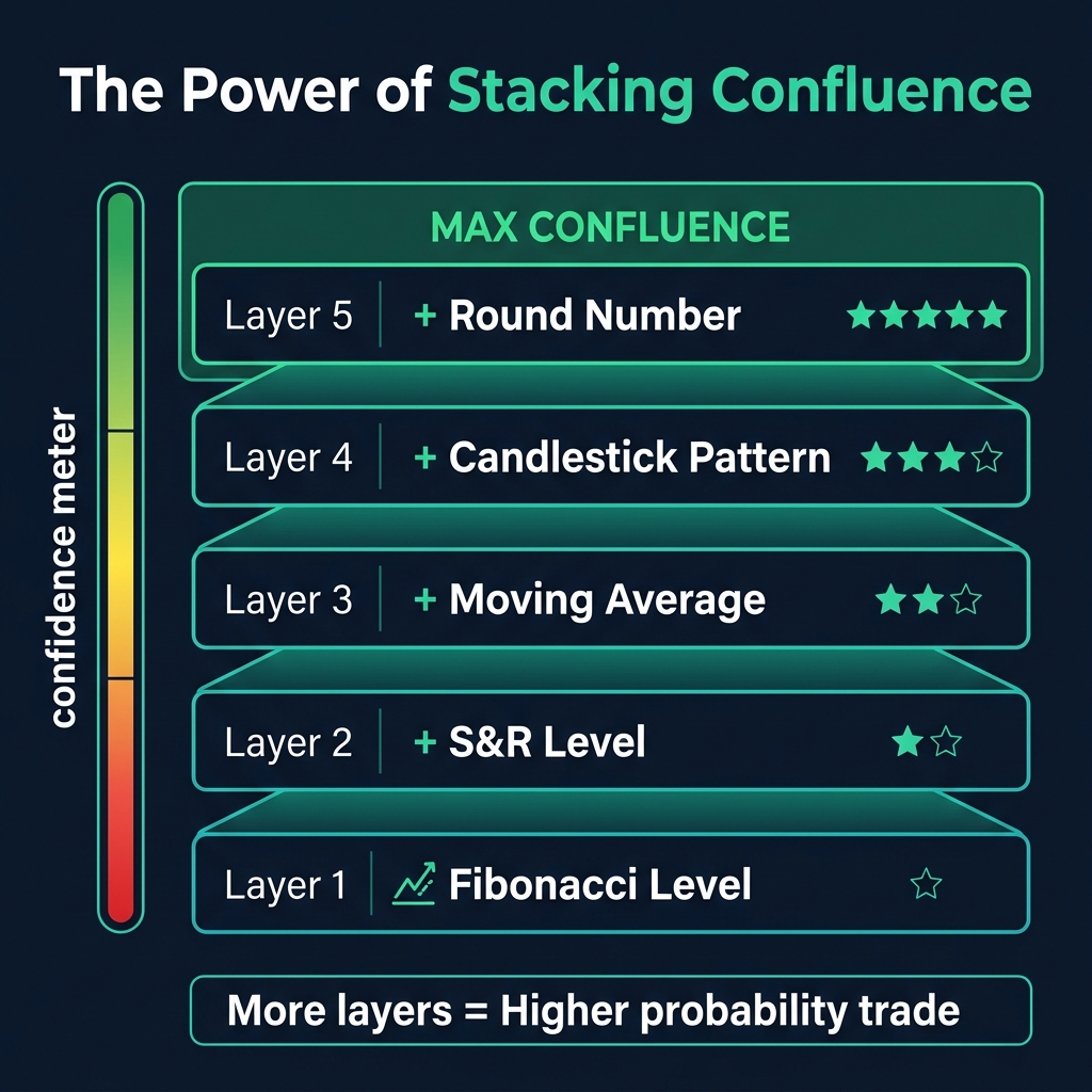 Confluence meter showing that more stacked layers create higher probability trades