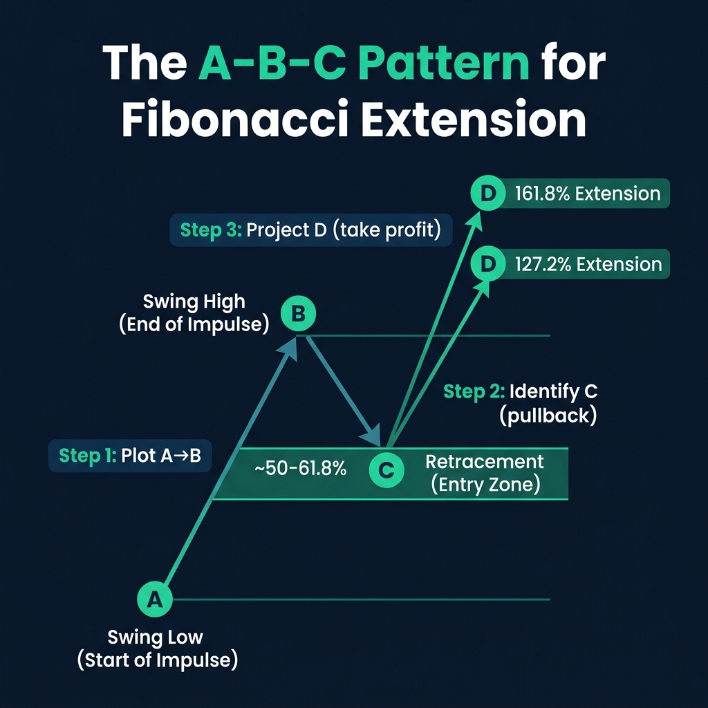 The A-B-C pattern for Fibonacci Extension — identify impulse, retracement, and project profit targets