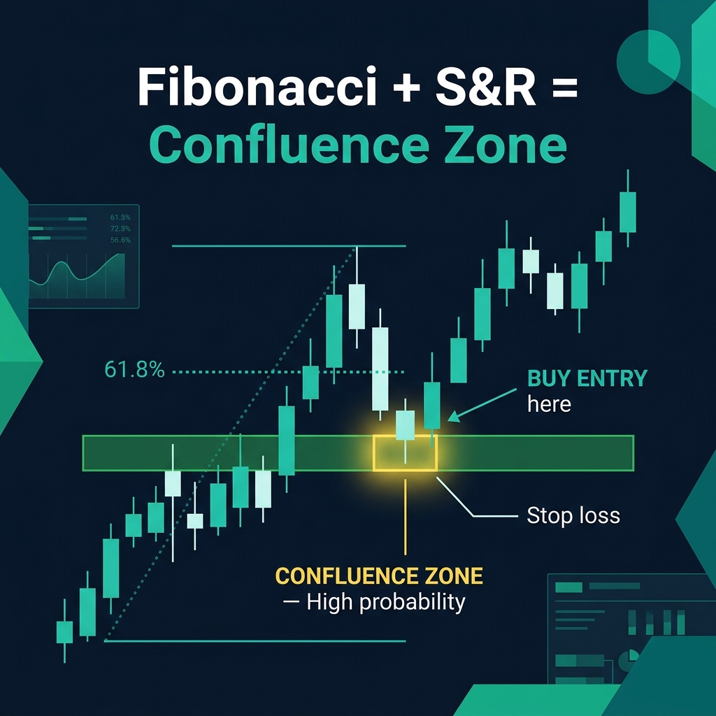 Fibonacci 61.8% level aligning with a horizontal support zone to create a high-probability confluence area