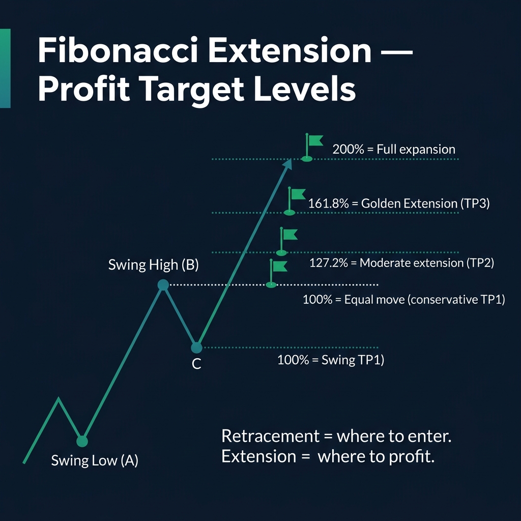 Fibonacci extension levels showing profit target projections at 100%, 127.2%, 161.8%, and 200%